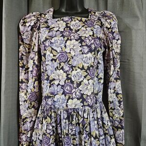 Vtg Laura Ashley 80s Purple Floral Cotton Puff Sleeve Midi Dress Great Britain 8